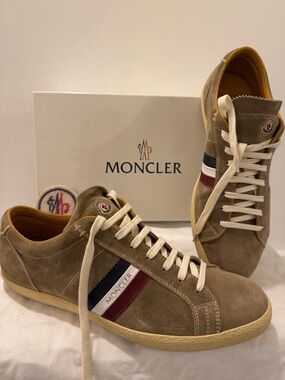 Moncler Men's Taupe Suede Sneakers with Tricolor Stripe